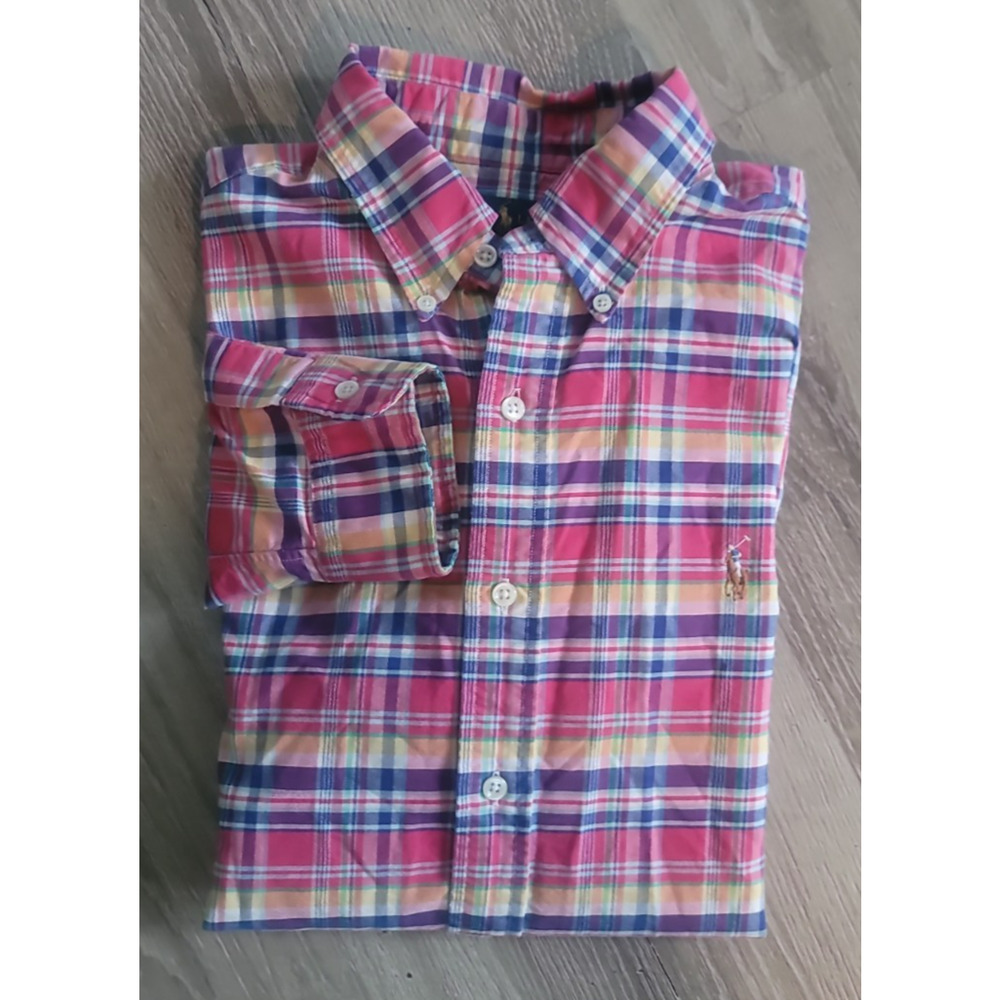 Ralph Lauren Men’s Shirt Plaid Oxford Woven Button-Down Pink Green Pony Size M